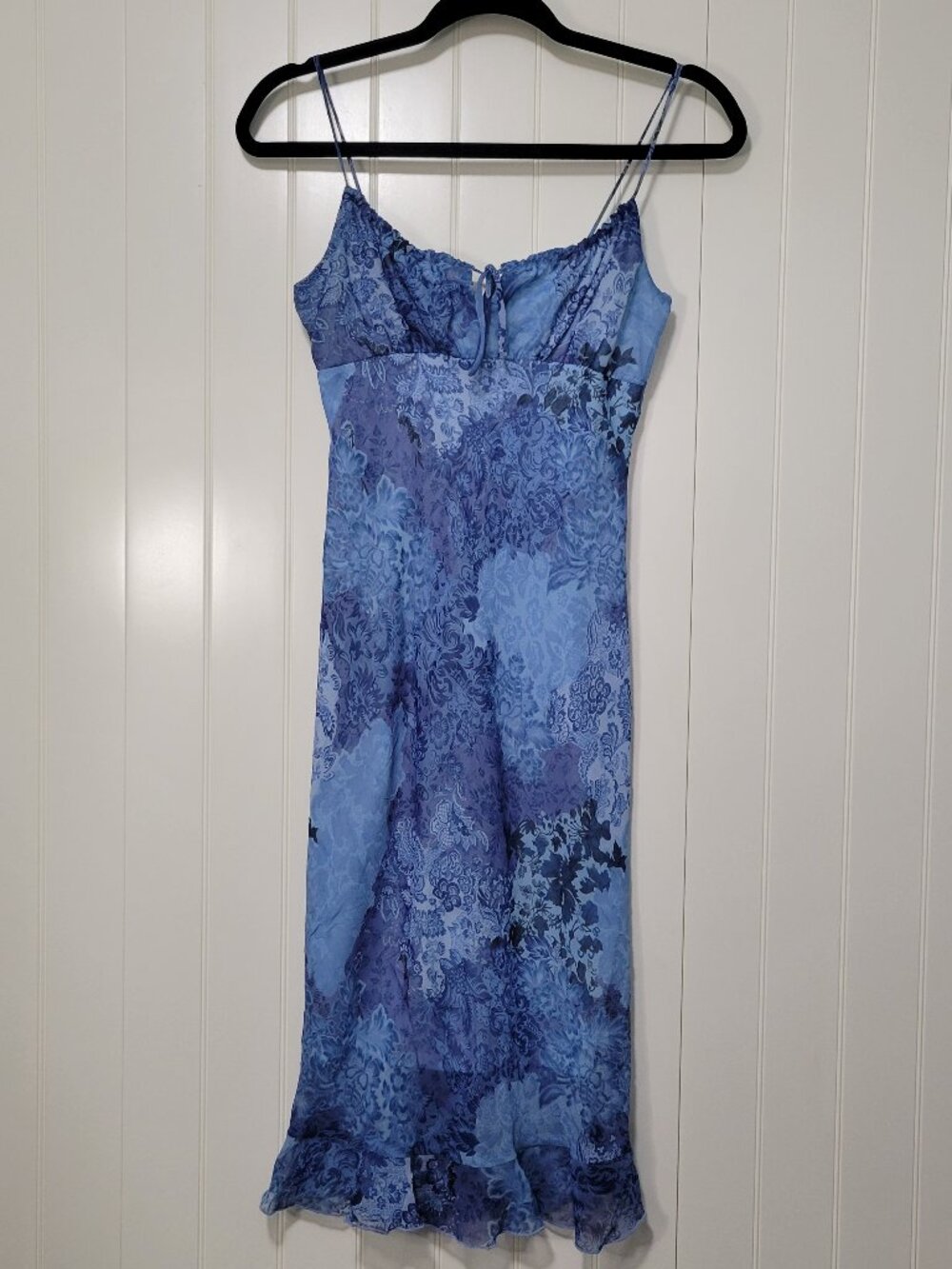 VTG Y2K Blue Milkmaid Coquette Floral Ruffle Fairycore Grunge Midi Slip Dress